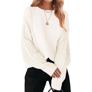 Women's Beige Long Sleeve Crew Neck Cable Knit Chunky Casual Pullover Sweater